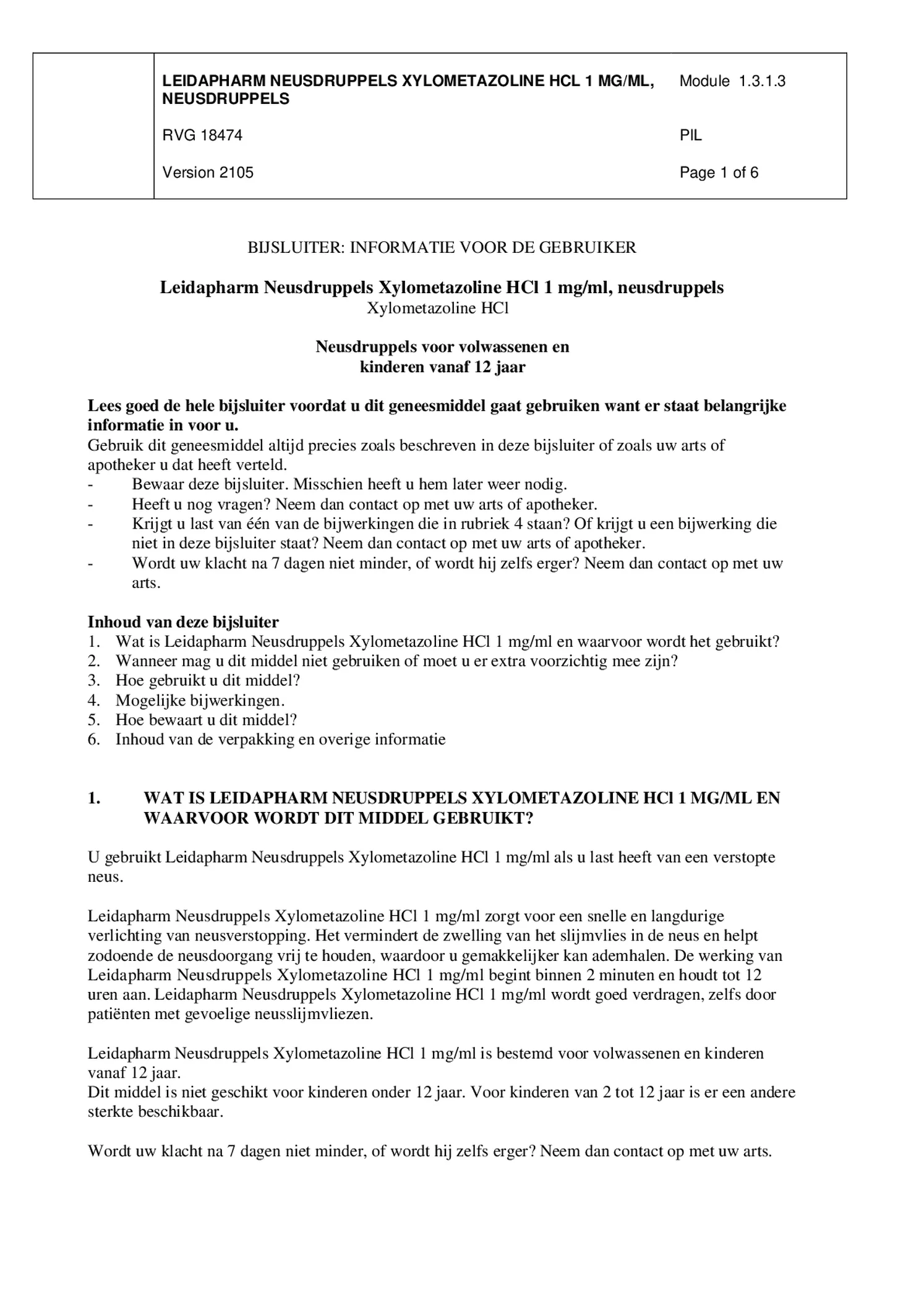 Neusdruppels Xylometazoline HCl 1 mg/ml afbeelding van document #1, bijsluiter